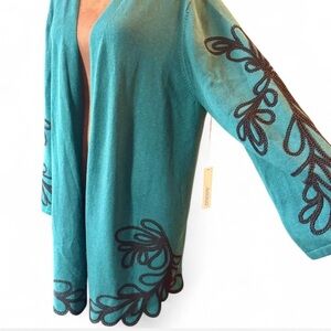 NWT Chico's Teal Scroll Embroidered Cozy Whimsical Cardigan Sweater